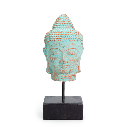 Buddhakopf liegend auf Ständer - Grünes Kupfer