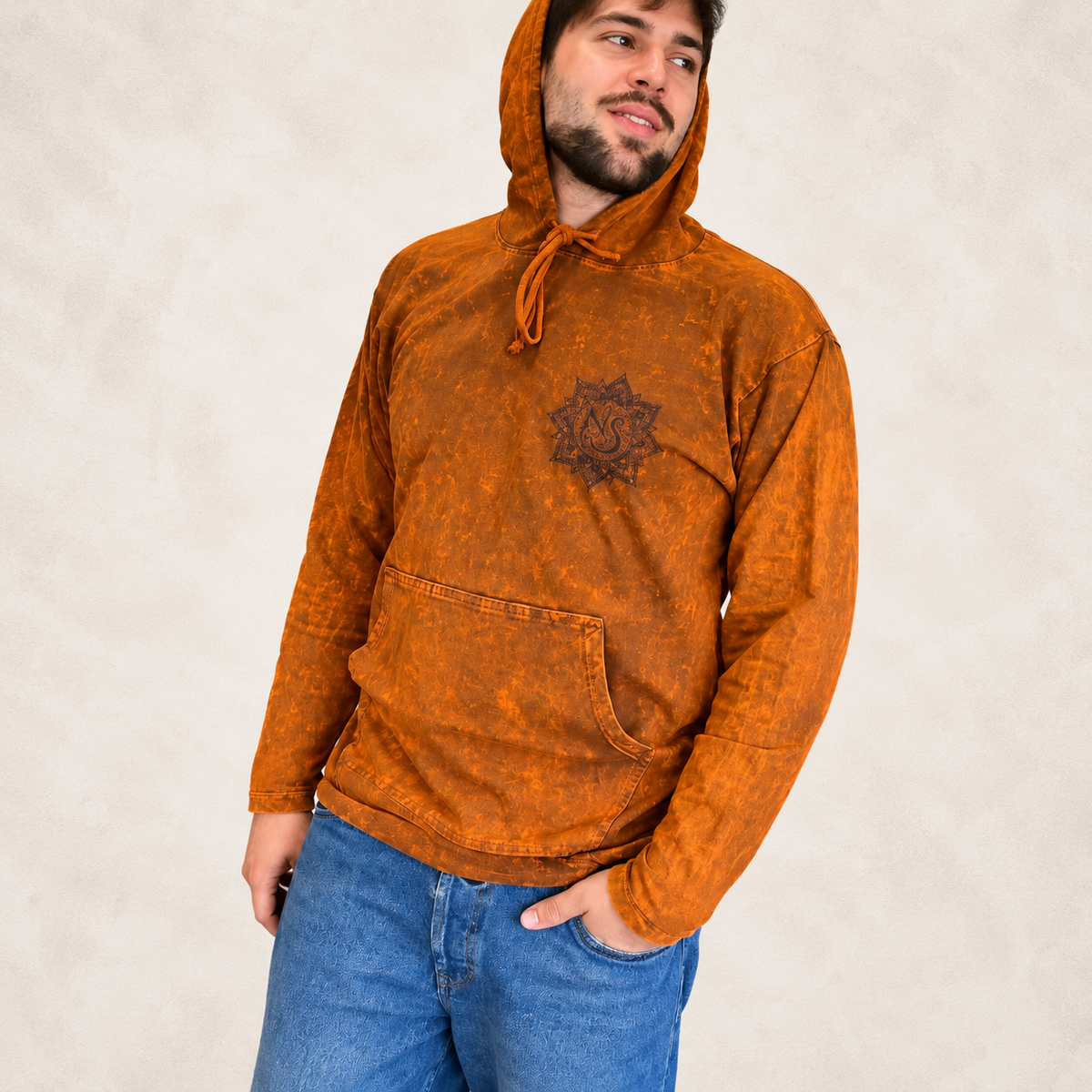 Camisa con capucha extragrande lavada a la piedra con bolsillo canguro - Naranja quemado