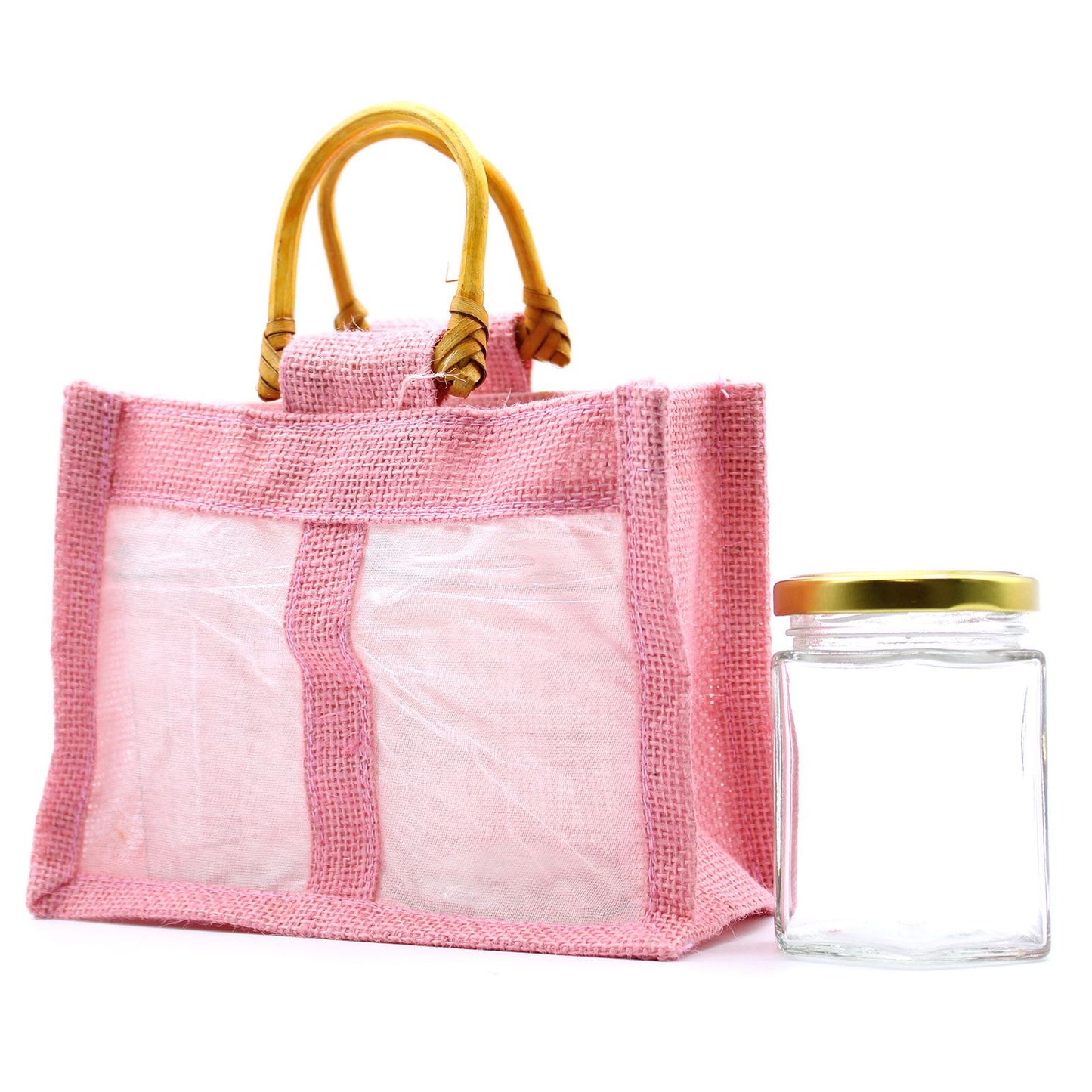 Bolsa de regalo de yute puro y algodón con ventana - 2 Ventanas en Rosa
