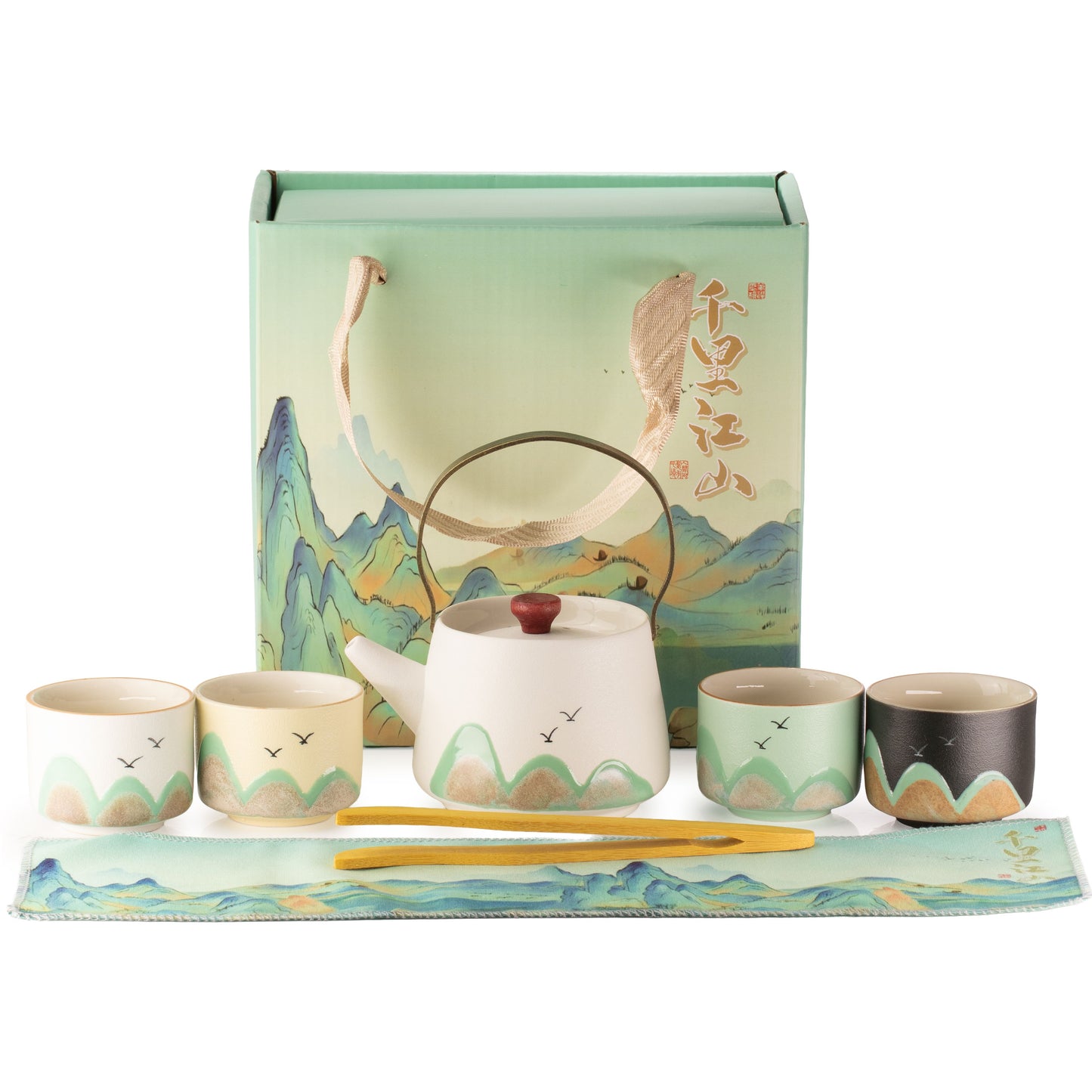 Mil millas - Juego de té - Cuatro tazas - Paño ceremonial y mango de bambú