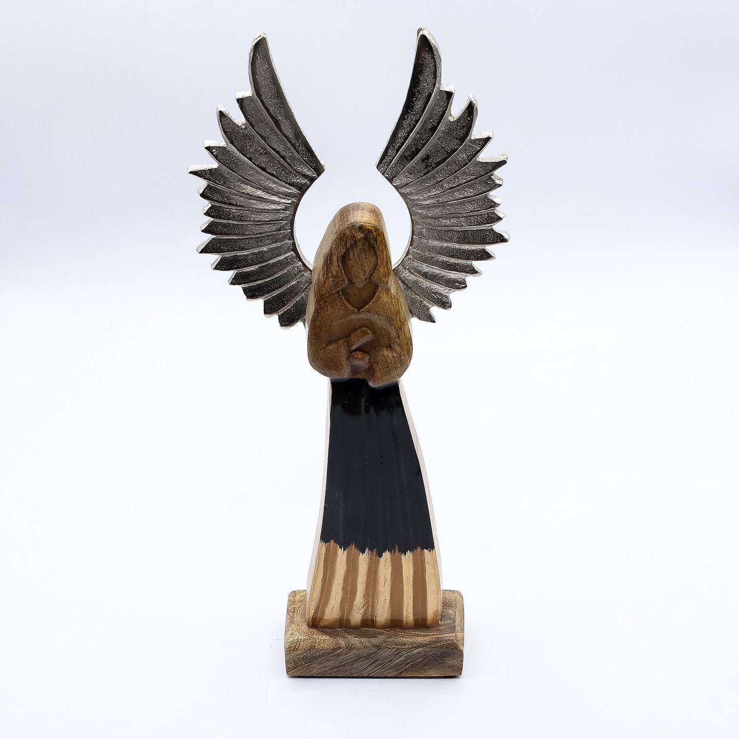 Ángel guardián grande de madera de mango con alas de metal y detalles esmaltados - 40 cm