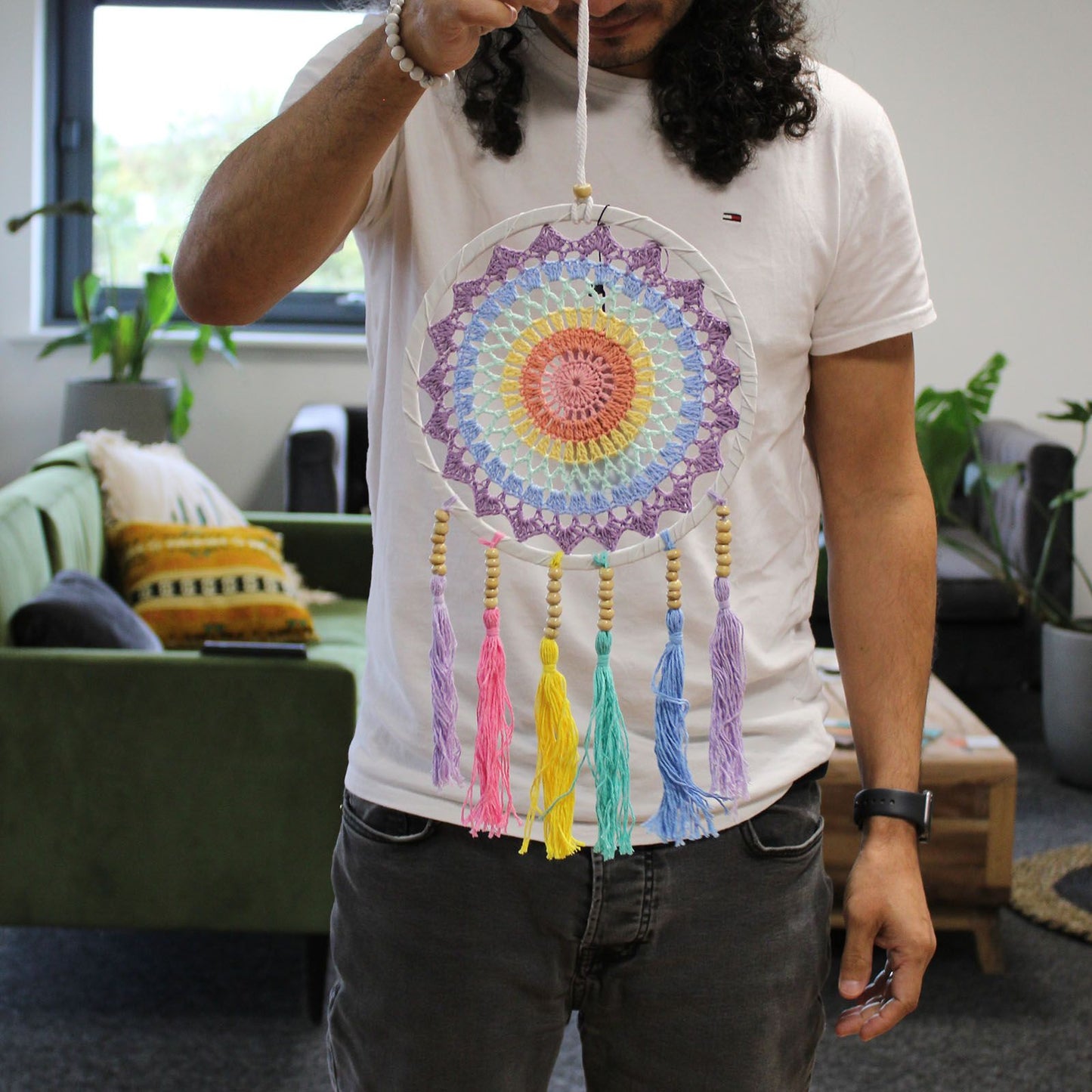 Petit attrape-rêves (22x56cm) - Arc-en-ciel pastel