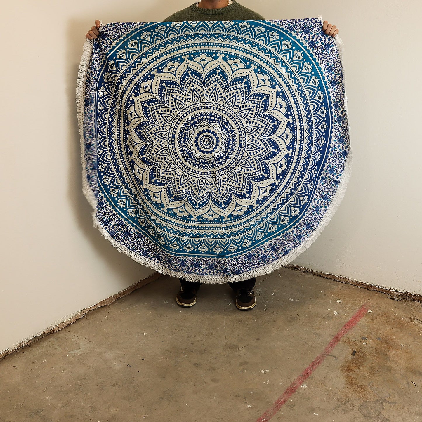 Kleines Mandala-Rundbett aus Baumwolle (130 cm) – Klassisches Blau