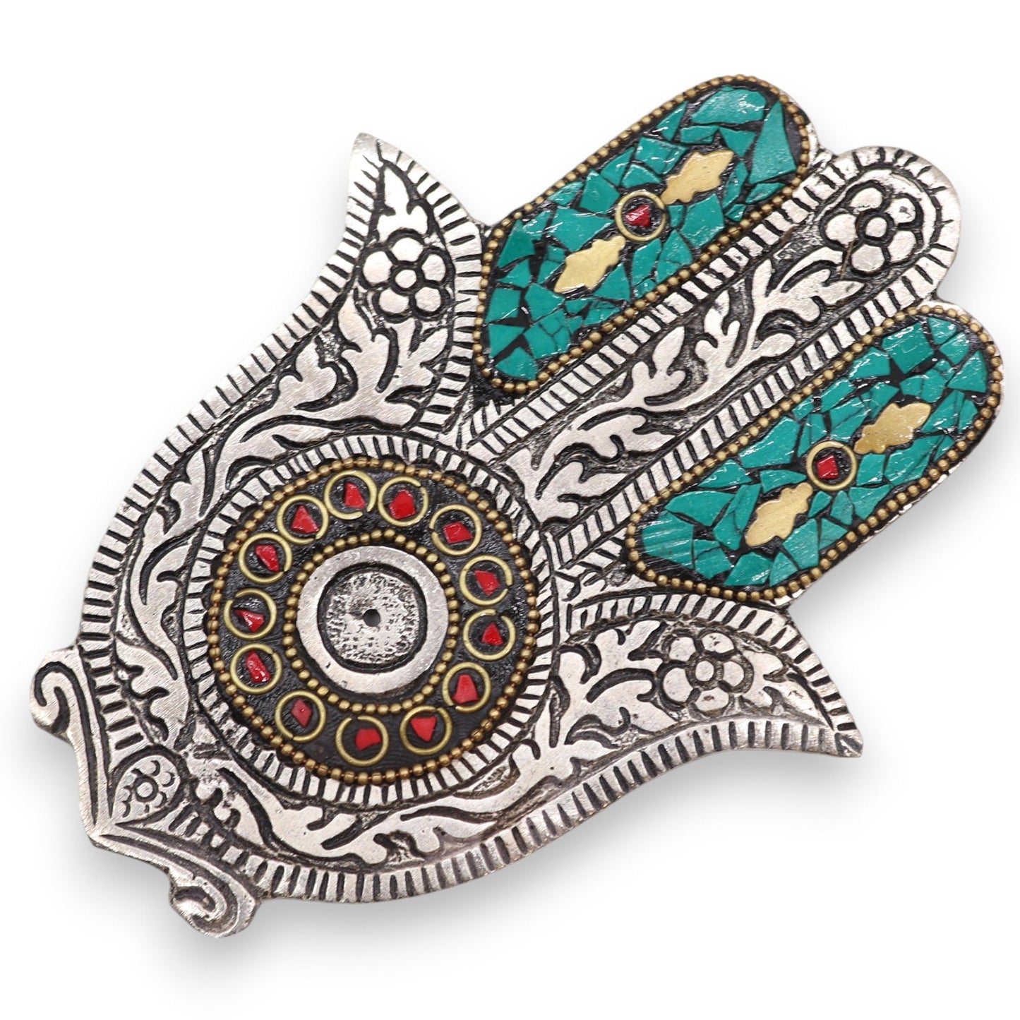 Kleiner grüner Hamsa-Räucherstäbchenhalter 13 x 5,5 cm