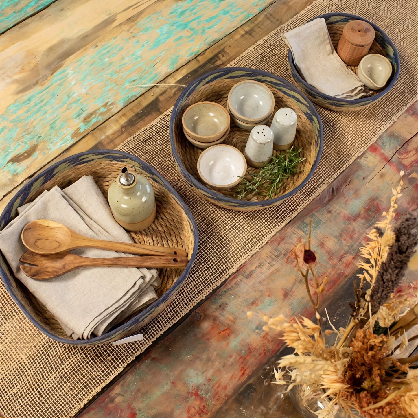 Körbe-Tabletts aus Stroh und Seegras – Natur, Grün und Blau – 3er-Set