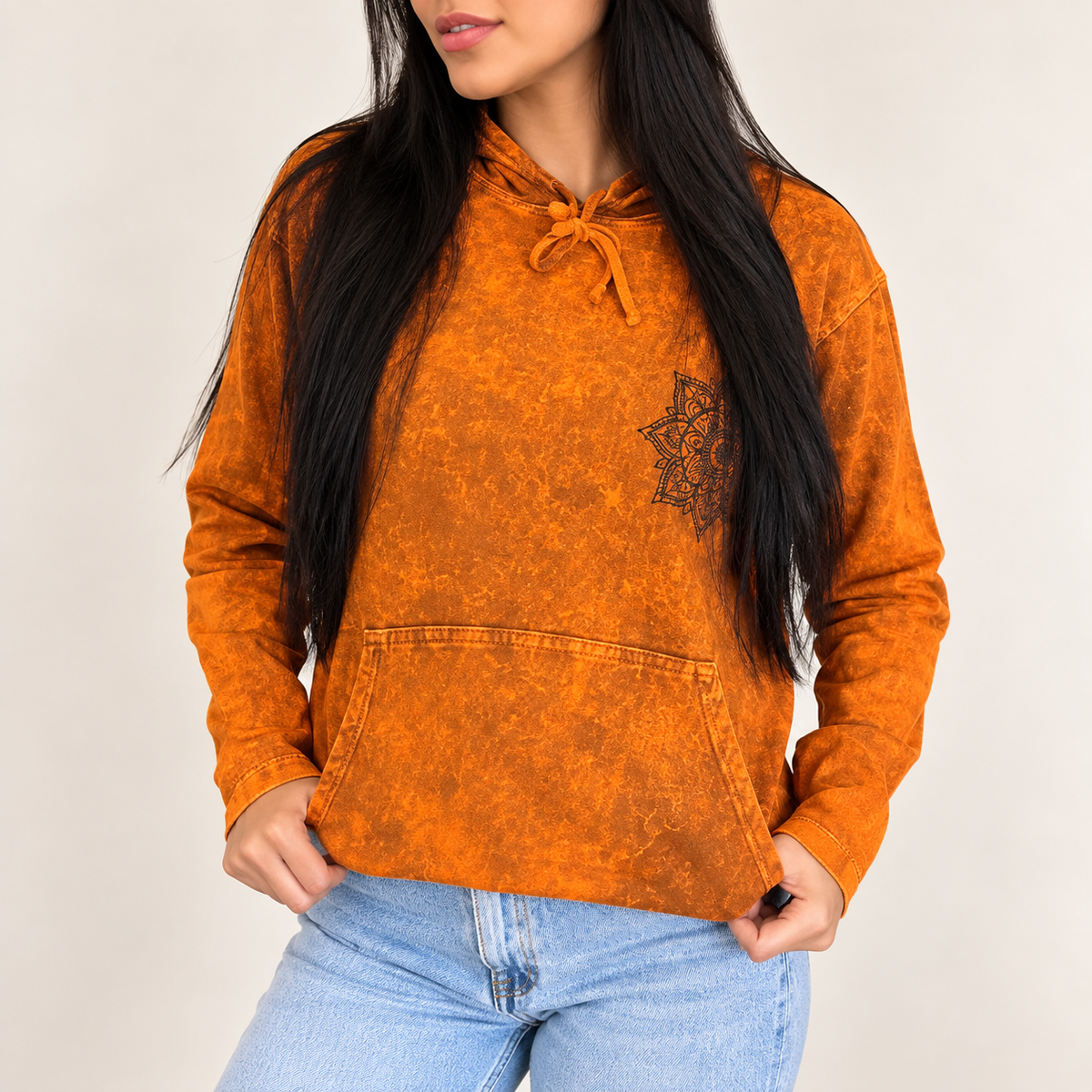 Camisa con capucha extragrande lavada a la piedra con bolsillo canguro - Naranja quemado