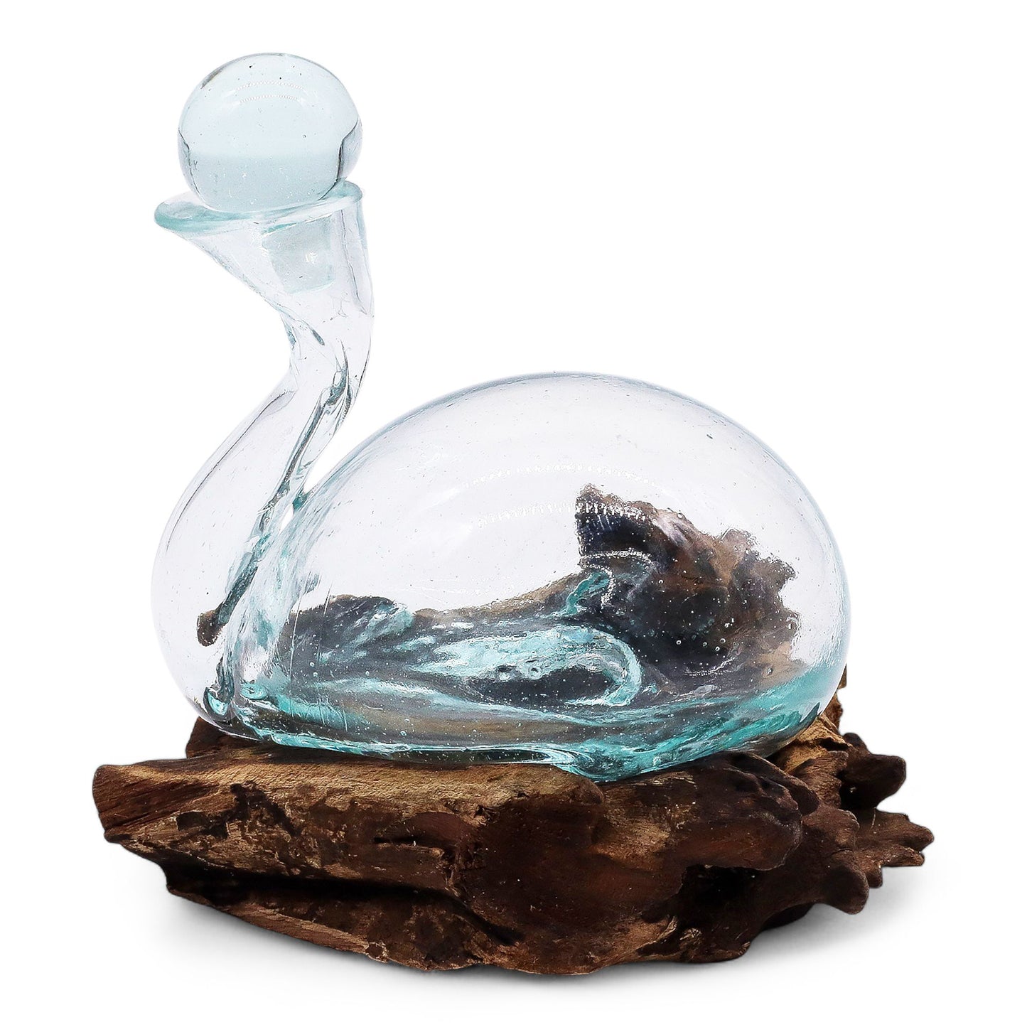 Carafe en forme de canard en verre fondu sur un socle en bois avec un bouchon de 19 cm