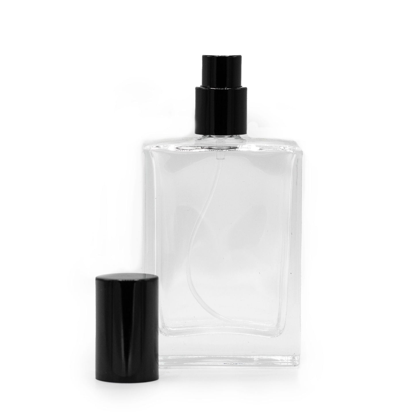 Flacon carré épais de 50 ml, spray et bouchon noirs
