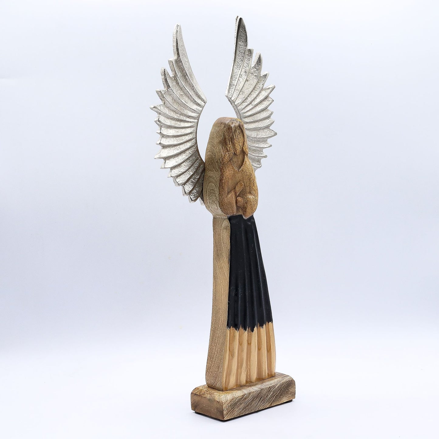 Ángel guardián grande de madera de mango con alas de metal y detalles esmaltados - 40 cm