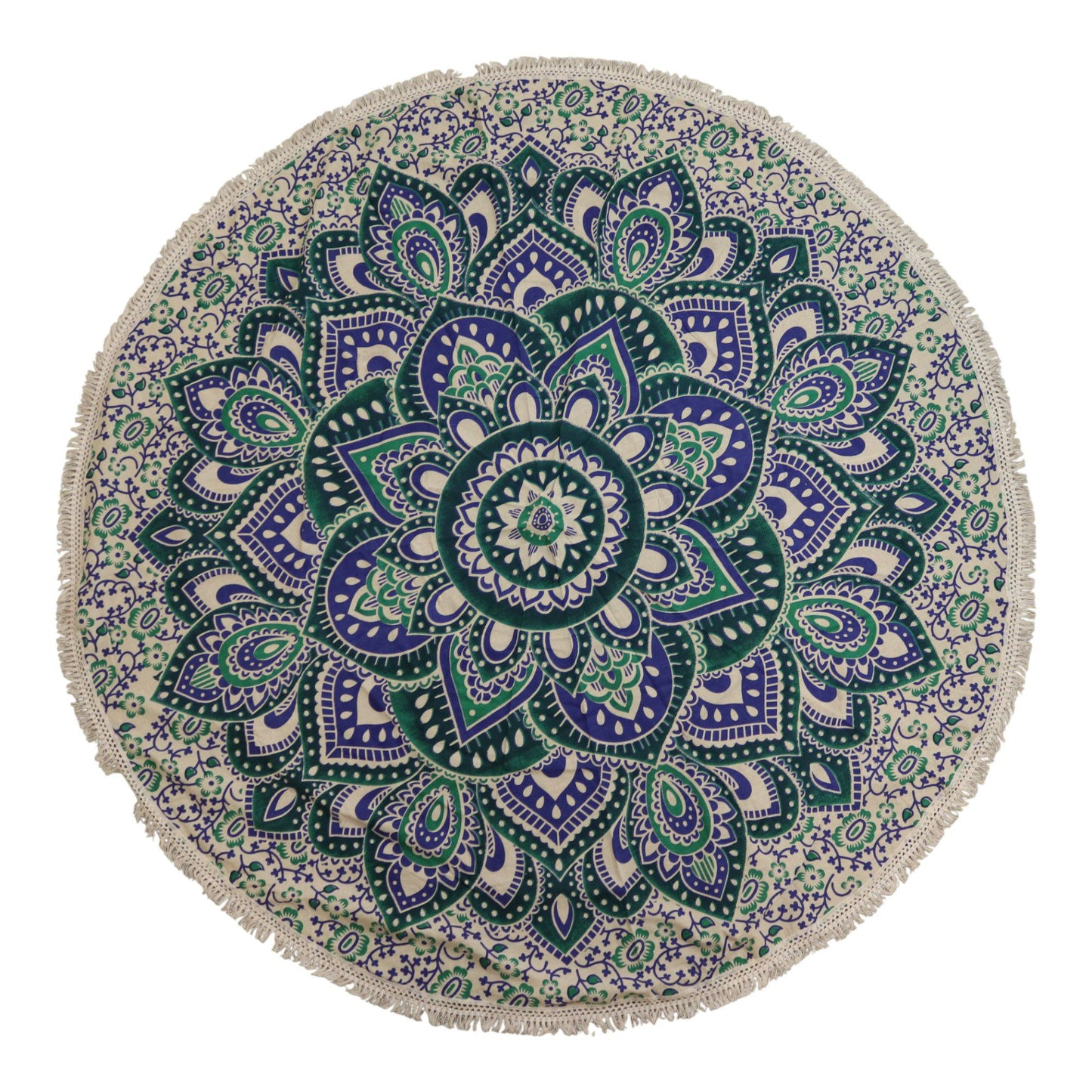 Kleine runde Baumwollmandala (130 cm) – türkis und blau