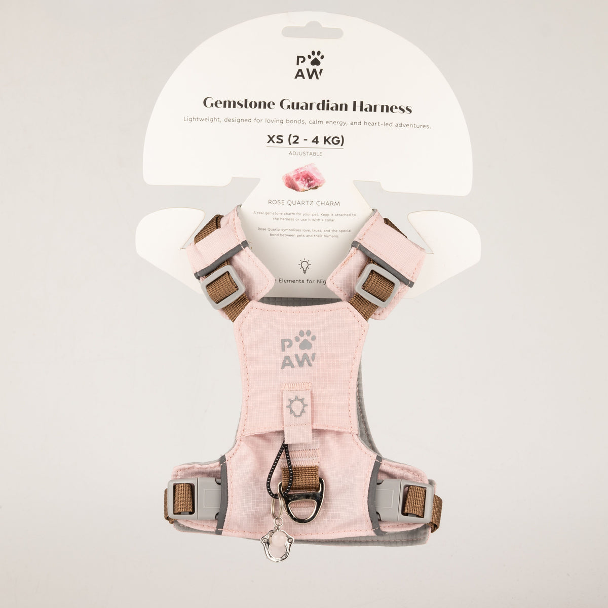 PAW - XS (2-4 kg) Arnés de paso para perros Guardian con malla reflectante - Rosa suave - Colgante de cuarzo rosa