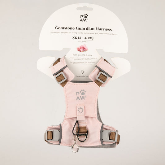 PAW - XS (2-4 kg) Arnés de paso para perros Guardian con malla reflectante - Rosa suave - Colgante de cuarzo rosa