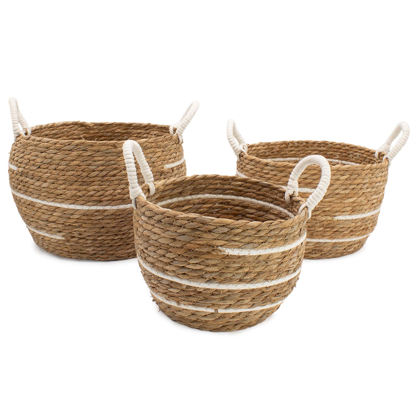 Große Körbe aus Baumwolle und Seegras – Naturfarbene Streifen – 3er-Set