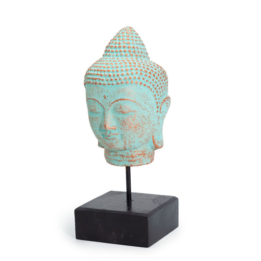 Buddhakopf liegend auf Ständer - Grünes Kupfer