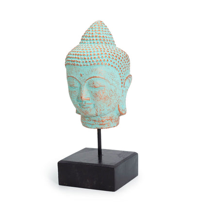 Buddhakopf liegend auf Ständer - Grünes Kupfer