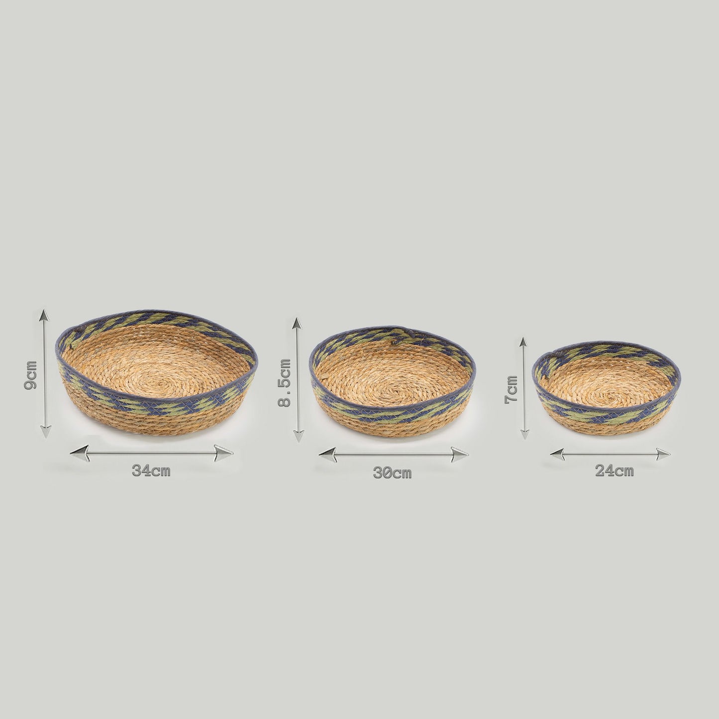 Körbe-Tabletts aus Stroh und Seegras – Natur, Grün und Blau – 3er-Set
