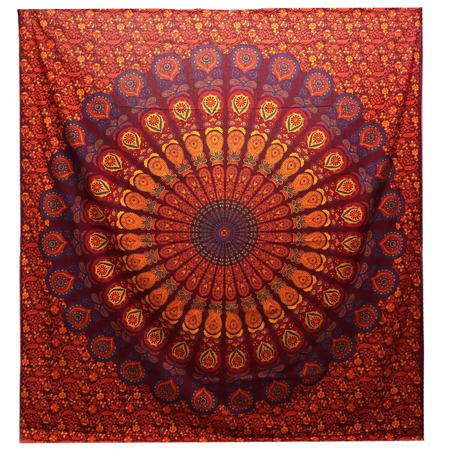 Couette double en coton + tenture murale - Mandala Paon - Grenat