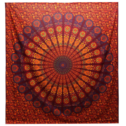 Couette double en coton + tenture murale - Mandala Paon - Grenat