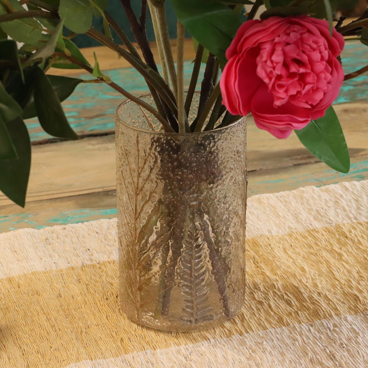 Natürlicher Kerzenhalter aus Glas mit Blumenmuster – Hohe Vase – Kiefer (19 x 11 cm)