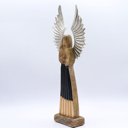 Ángel guardián grande de madera de mango con alas de metal y detalles esmaltados - 40 cm