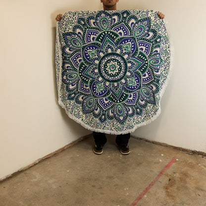 Kleine runde Baumwollmandala (130 cm) – türkis und blau