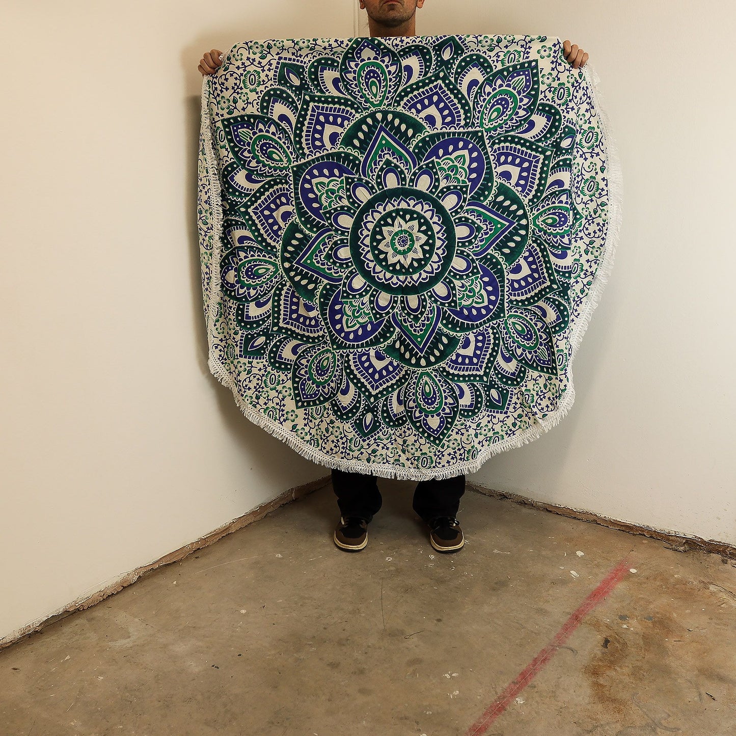 Kleine runde Baumwollmandala (130 cm) – türkis und blau