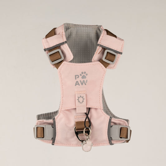 PAW - XS (2-4 kg) Arnés de paso para perros Guardian con malla reflectante - Rosa suave - Colgante de cuarzo rosa