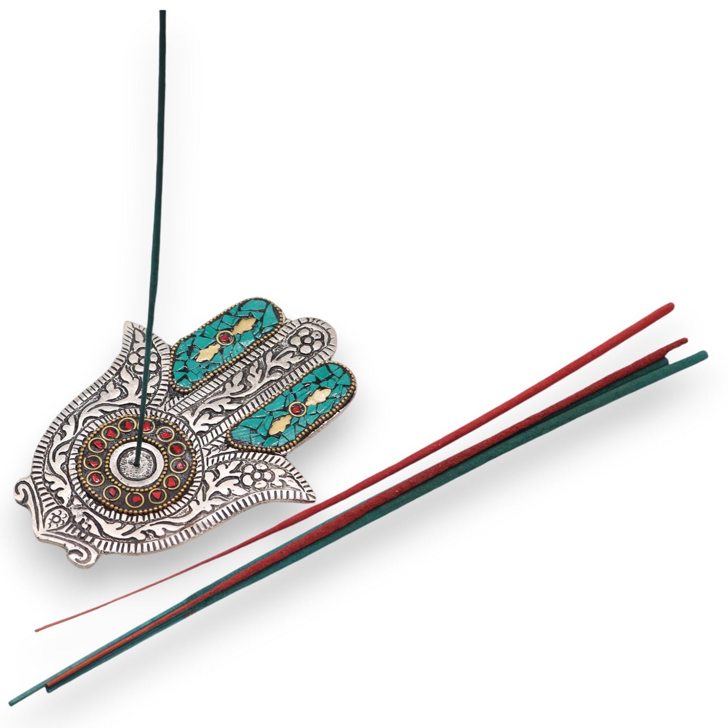 Kleiner grüner Hamsa-Räucherstäbchenhalter 13 x 5,5 cm