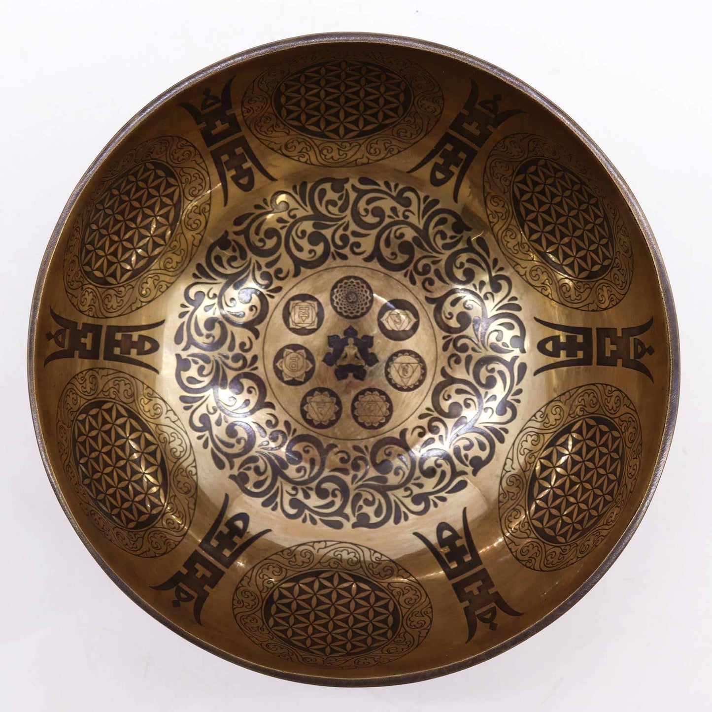 Gravierte heilende tibetische Klangschale – 21 cm – 7 Chakren und Blume des Lebens