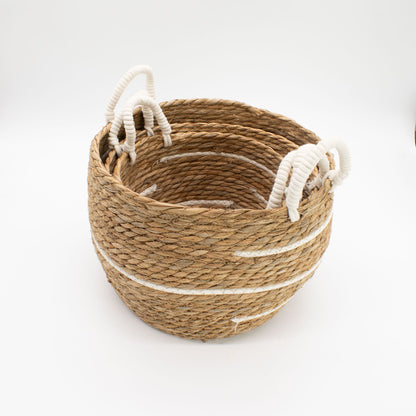 Große Körbe aus Baumwolle und Seegras – Naturfarbene Streifen – 3er-Set