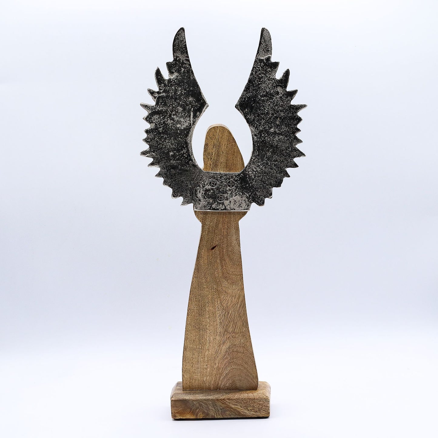 Ángel guardián grande de madera de mango con alas de metal y detalles esmaltados - 40 cm