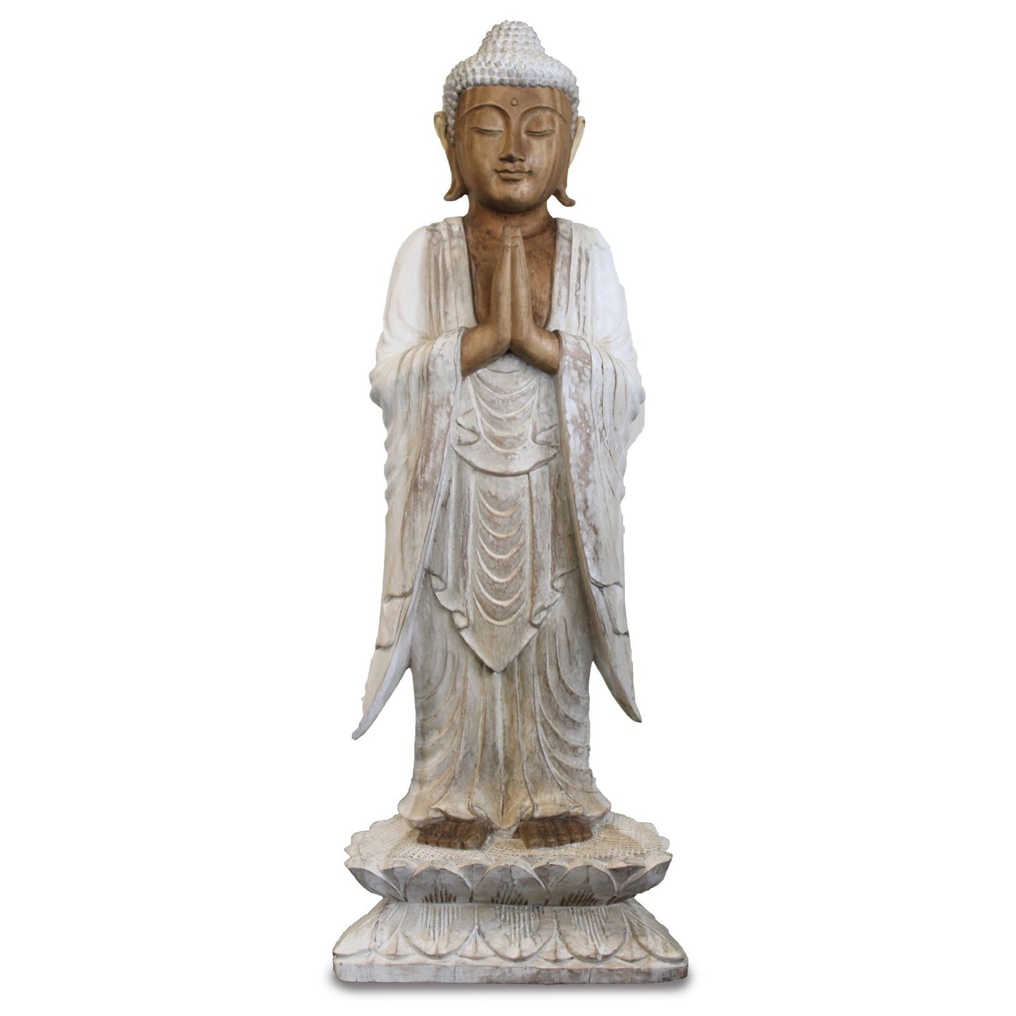 Stehende Buddha-Statue – weiß getüncht – 1 m Willkommen