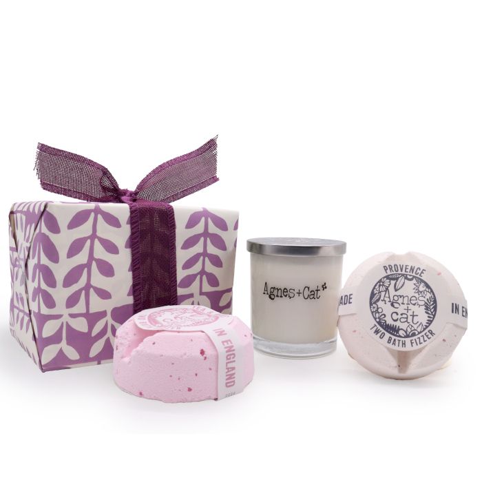 Geschenkset: Provence-Badebomben &amp; Tee &amp; Rose + Mondsteinkerze