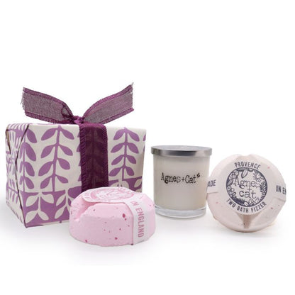 Geschenkset: Provence-Badebomben &amp; Tee &amp; Rose + Mondsteinkerze