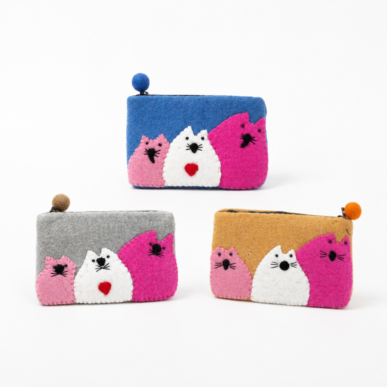 Monedero de fieltro de tres gatos gordos- (3 colores surtidos)