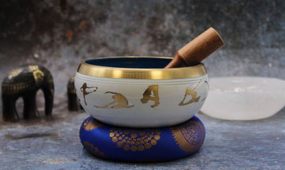 Grand ensemble de bols chantants tibétains - Mouvement yoga - Blanc/bleu 14 cm