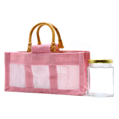 Bolsa de regalo de yute puro y algodón con ventana - 3 Ventanas en Rosa