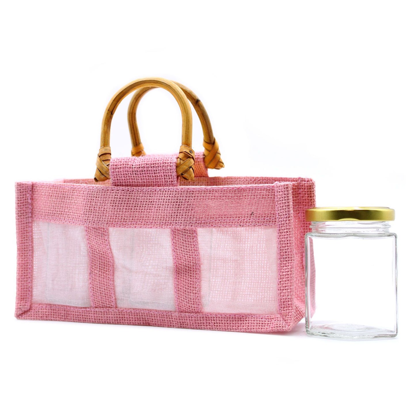 Bolsa de regalo de yute puro y algodón con ventana - 3 Ventanas en Rosa