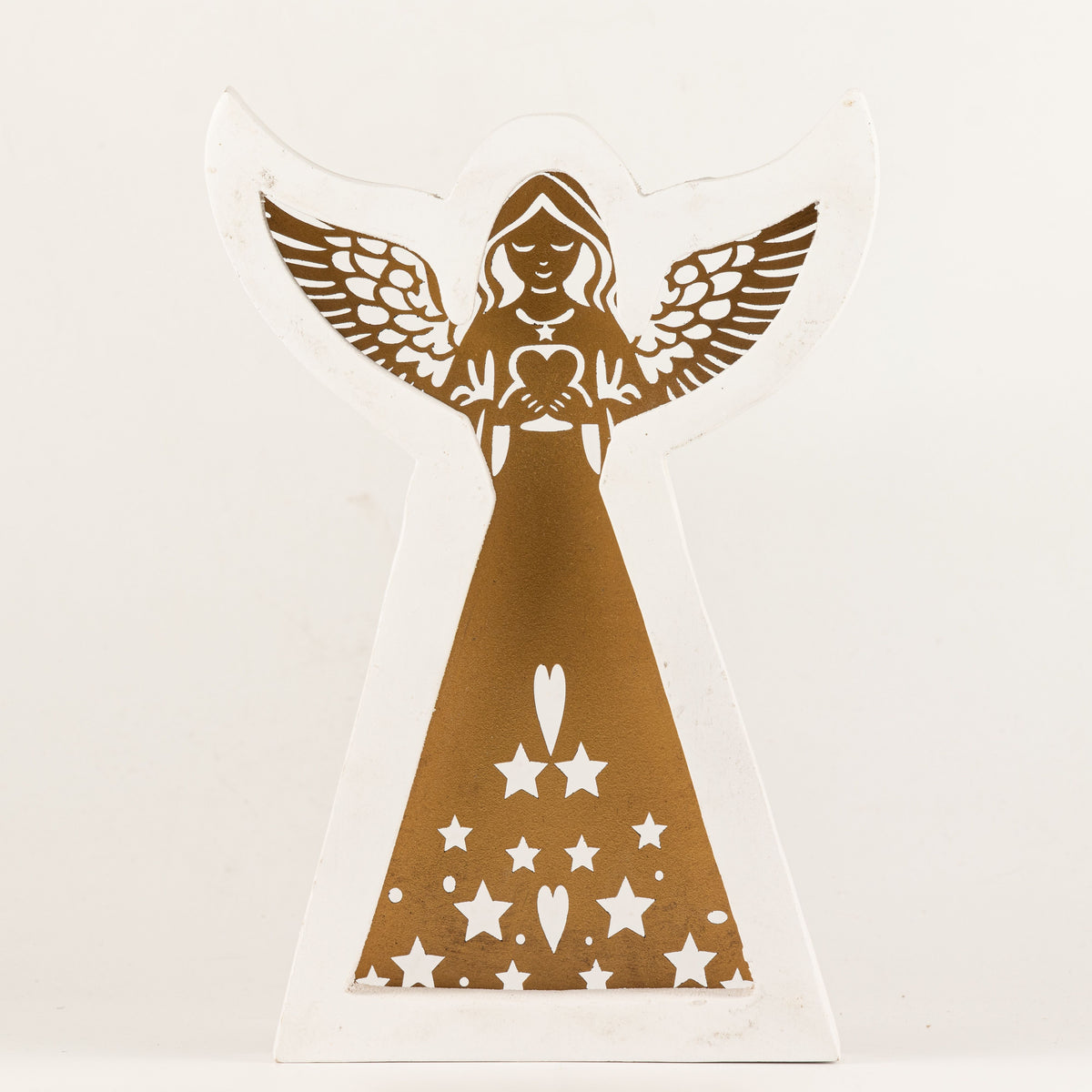 Ángel de madera de mango - acabado lavado blanco con recorte decorativo de hierro - 22 cm