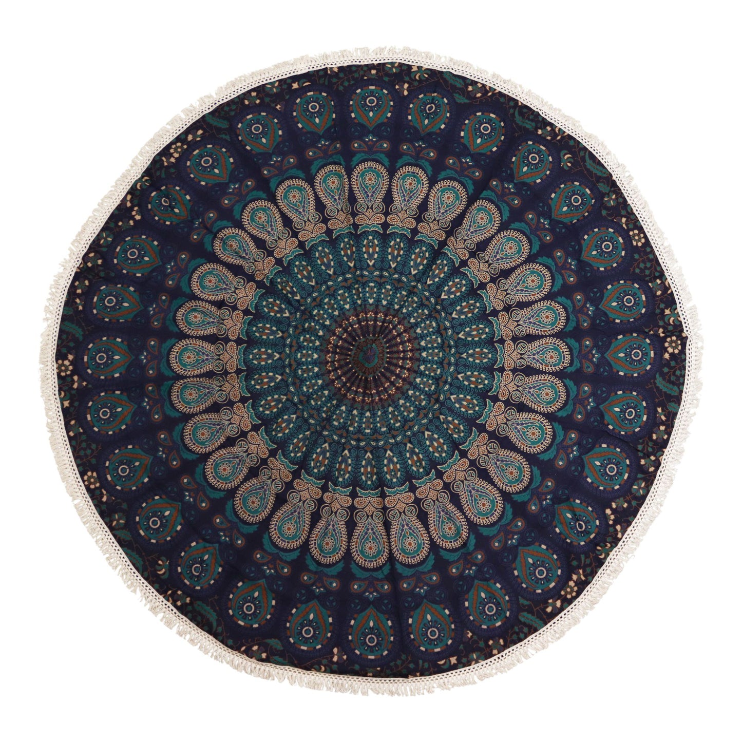 Petit tapis rond en coton mandala (130 cm) - Bleu paon