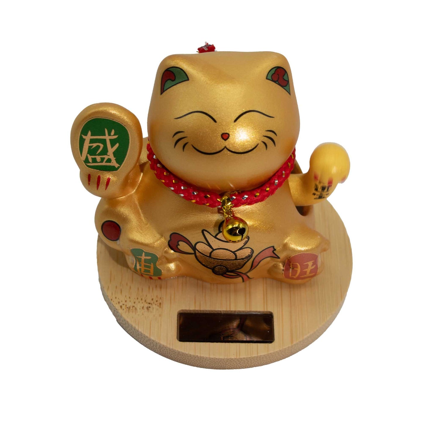 Chat porte-bonheur solaire avec base en bois - Patte dorée mobile
