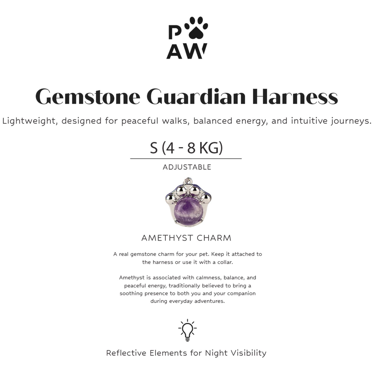PAW - S (4-8 kg) Arnés de paso para perros Guardian con malla reflectante - Lavanda - Colgante de amatista