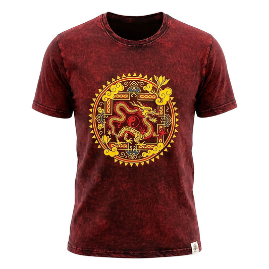 Nomad Sari T-Shirt aus gewaschener Baumwolle - Drachen-Mandala - Granatrot - Groß