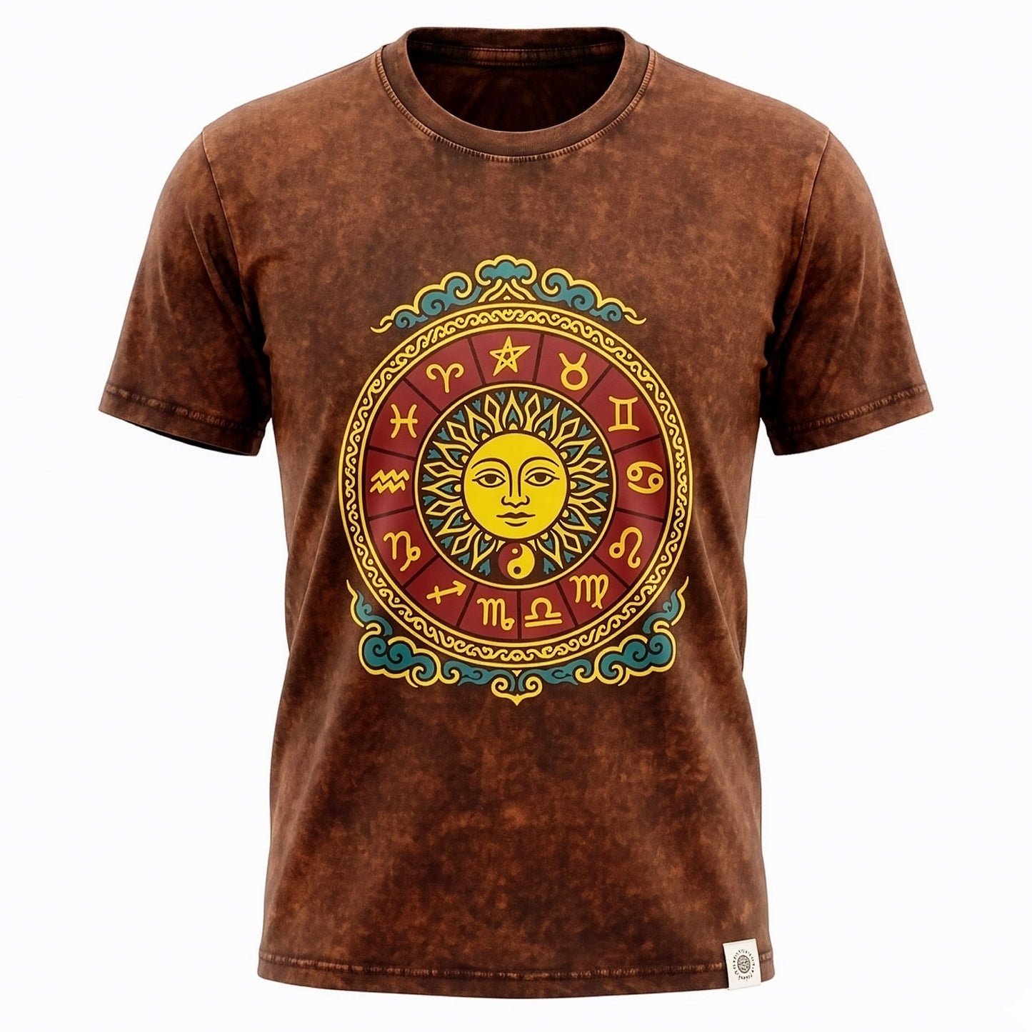 Nomad Sari Camiseta de algodón lavado a piedra - Sol y Zodíaco - Marrón - XL