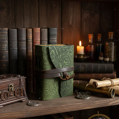 Carnets en cuir à bordure épaisse (5 x 3,5 pouces) - Motif labyrinthe vert