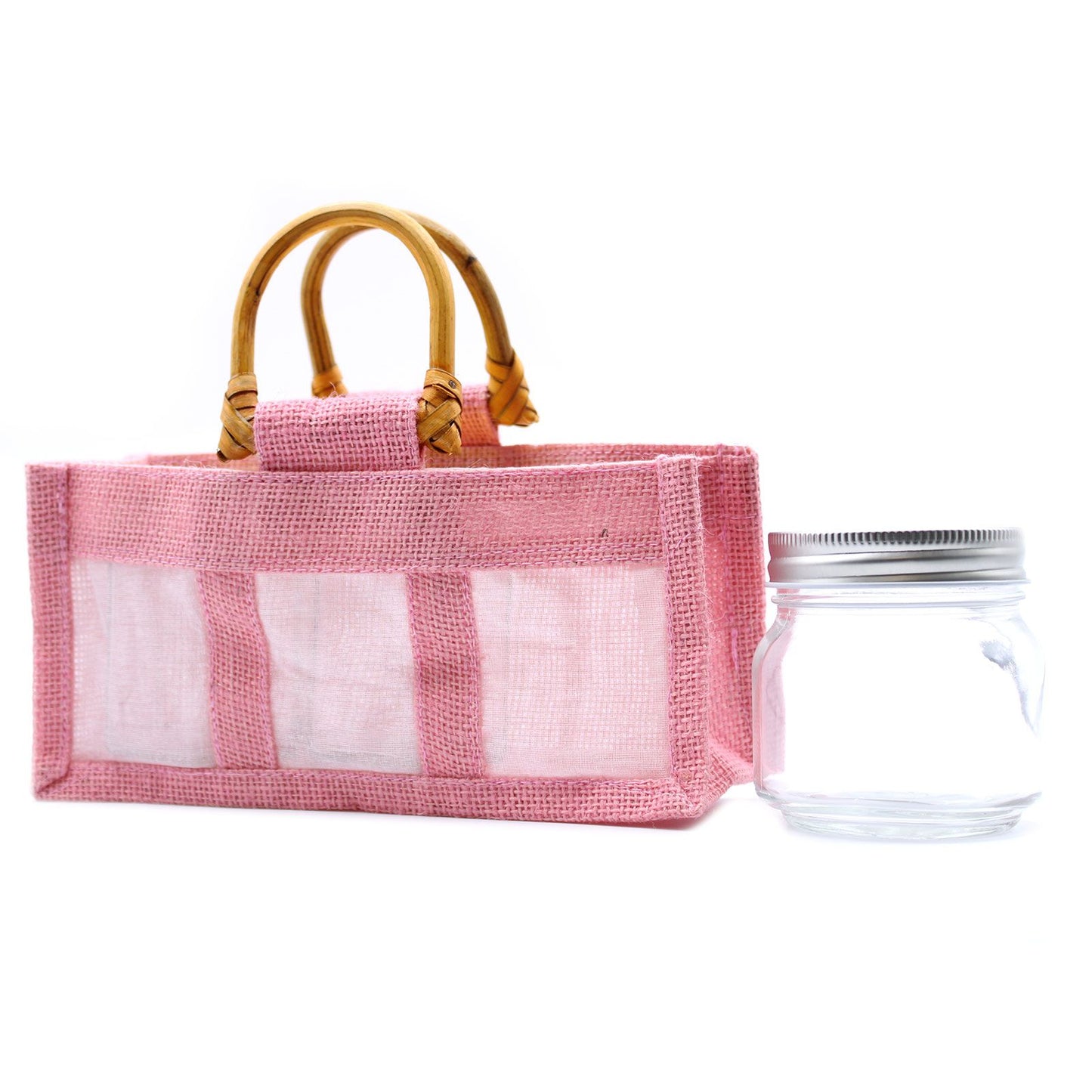 Bolsa de regalo de yute puro y algodón con ventana - 3 Ventanas en Rosa