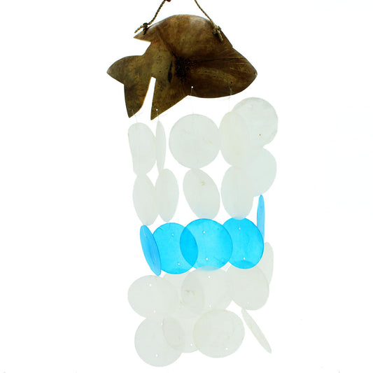 Windspiel aus Kokosnuss und Capiz – Blaue Delfine – 30 cm