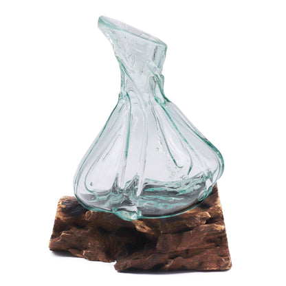 Mini carafe décorative en verre fusionné sur socle en bois, 24 cm