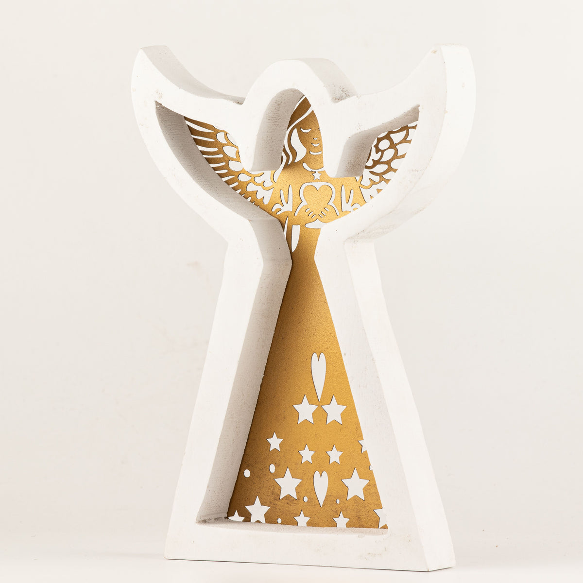 Ángel de madera de mango - acabado lavado blanco con recorte decorativo de hierro - 22 cm