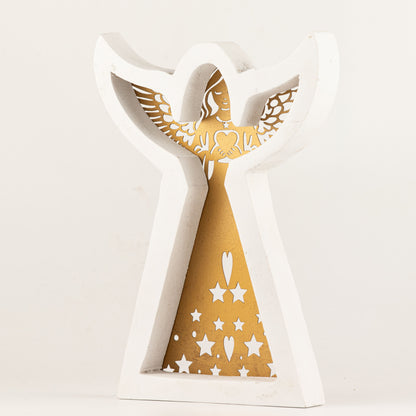 Ángel de madera de mango - acabado lavado blanco con recorte decorativo de hierro - 22 cm